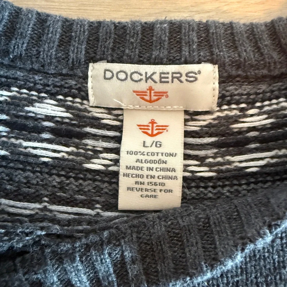 Dockers Mens Fair Isle Crewneck Sweater Gray‎ Black White Cotton Knit Large